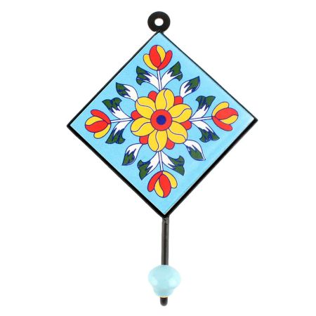 Yellow Flower Ceramic Tile Hook With Turquoise Base 